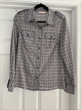 Tory Burch size 10 Black, White & Light Purple Patterned Blouse